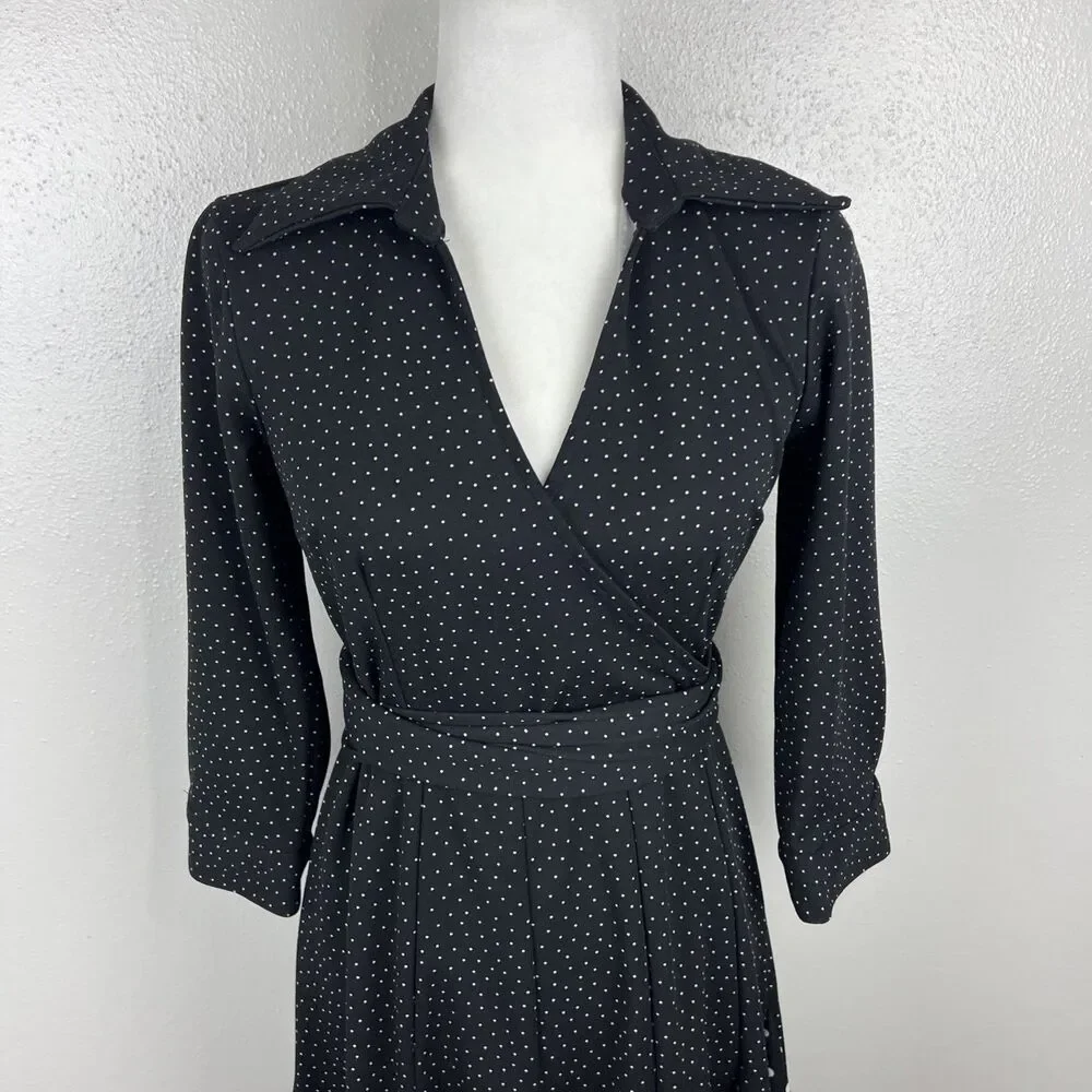 Melissa Masse Dress Women Medium Black White Polka Dot Surplice Tie Waist Casual
